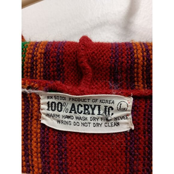 Vintage 90s Sweater Jacket Womens Large Green Red Striped Hooded BOHO Hippie - Picture 5 of 11